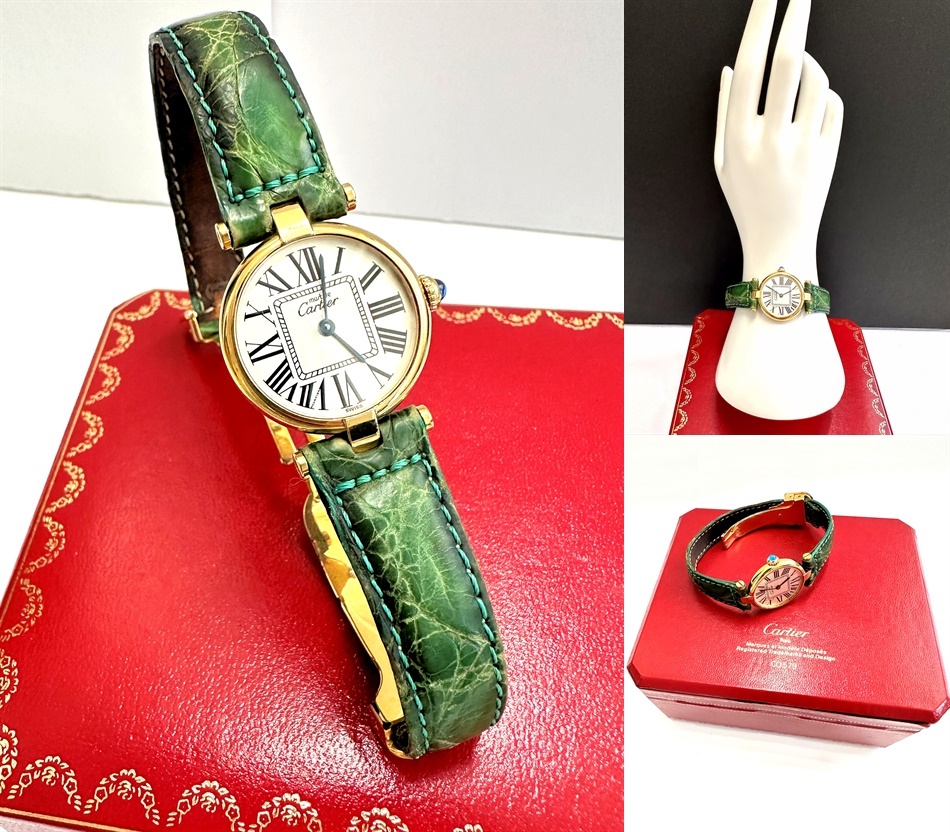 良品　Cartier カルティエ　マスト ヴァンドーム　クロコダイル ゴールド　925 K18 金張り　ヴェルメイユ オパラン　 純正 Dバックル 時計_画像3