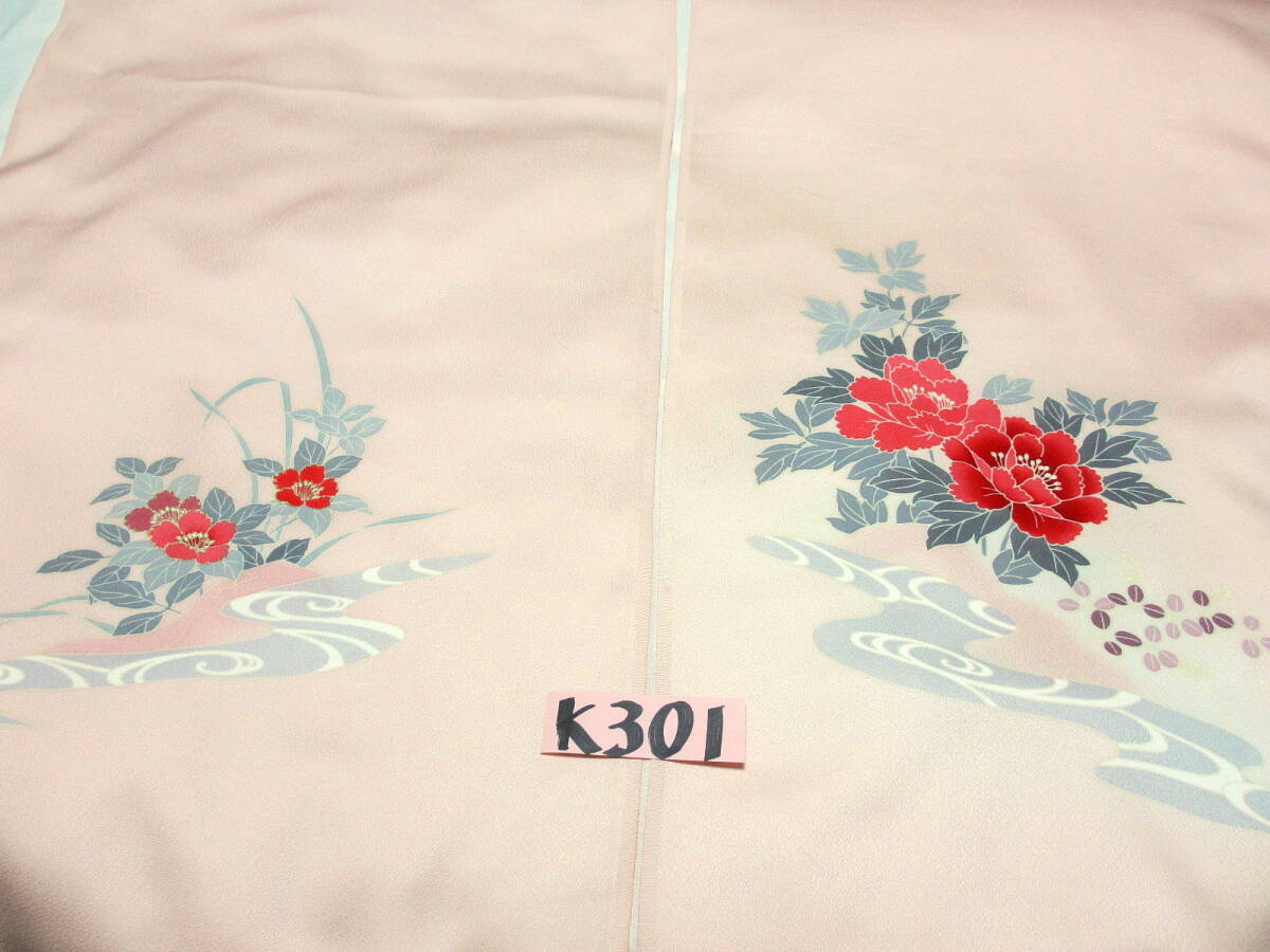 ★K301★正絹 ピンク 手描き 花と流水 はぎれ 2枚 37cmｘ67cm 37cmｘ60cmハンドメイドの材料に 手芸 小物作り 布 生地 解きハギレ リメイク_手描きのハギレ、2枚です