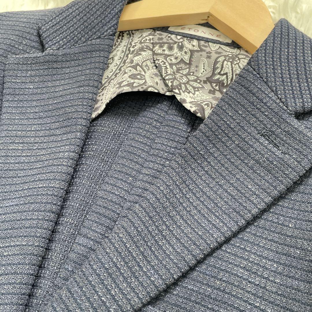  finest quality linen Blend!ETONNEe tone peiz Lee pattern lining tailored jacket S 44 flax linen. men's Anne navy blue navy Jaguar do navy blue 