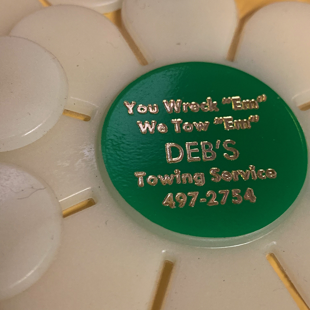 70's★リアルVINTAGE フラワー型アドヴァタイジングキーホルダー「DEB'S TWING SERVICE/GREEN」GLOW IN THE DARK ヴィンテージ USA アメ車_画像2