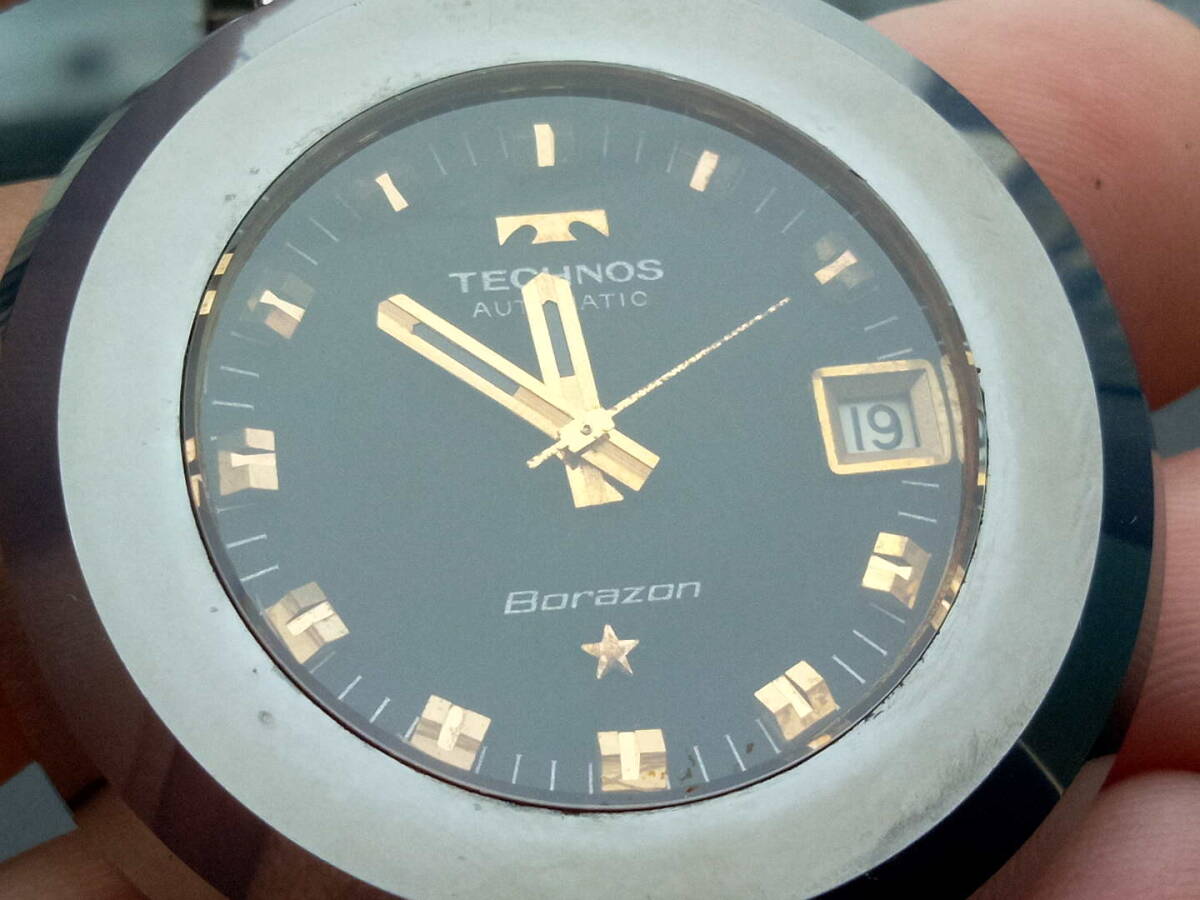 ジャンク　70年代アンティーク　テクノス　TECHNOS　ボラゾン　超硬タングステンケース　自動巻きメンズ腕時計_画像3