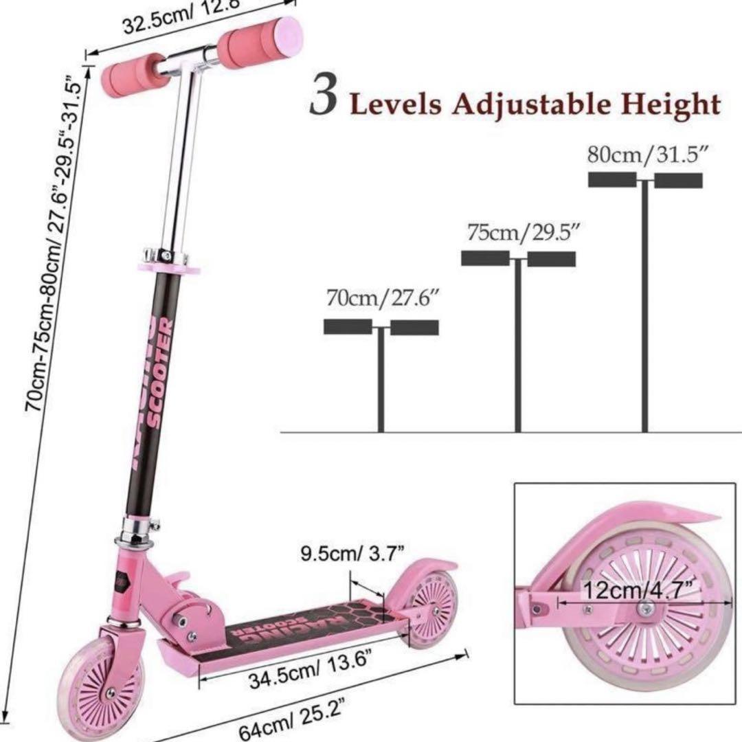 キックボード ピンク LEDホイール付き 調節可能 折りたたみ式 WeSkate キックスクーターの画像4