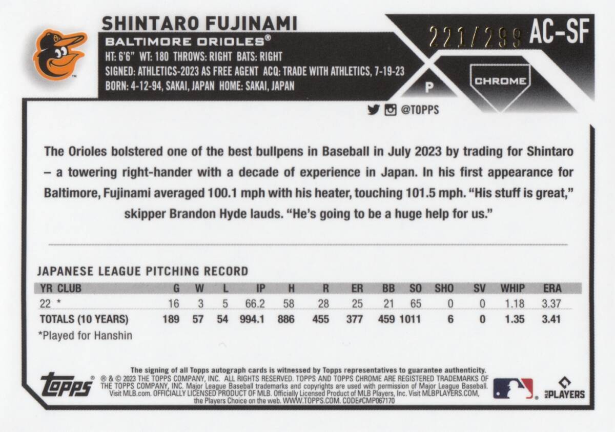 【藤浪晋太郎】ルーキー 直筆サインカード 299枚限定 阪神タイガース 2023 TOPPS AUTO CHROME PURPLE SPECKLE REFRACTOR 検索 BBM EPOCH_画像2