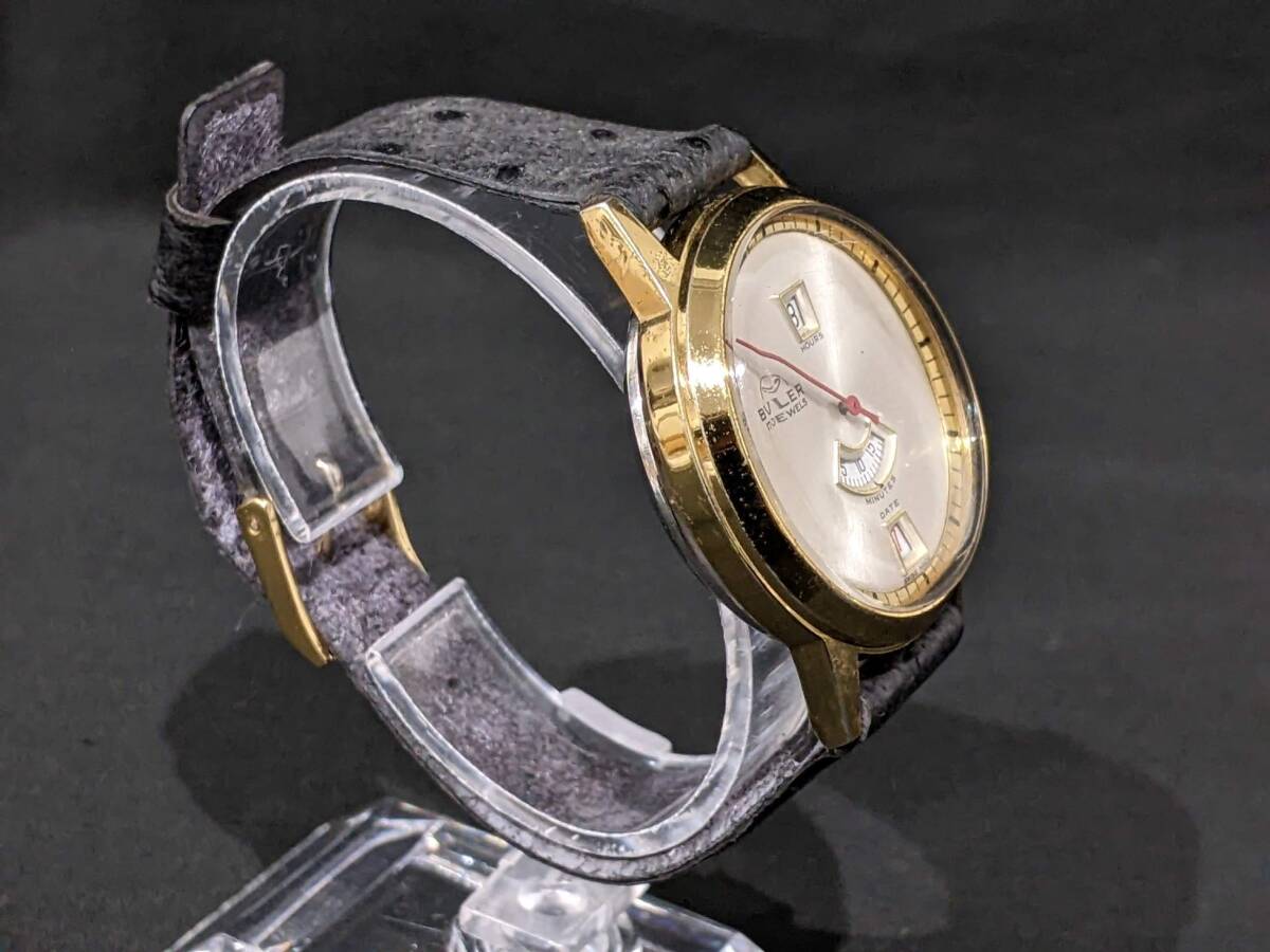 【47397】BVLER ビューラー 17JEWELS 17石 手巻き ラウンド 稼働品 コンビカラー デイト スイス製 腕時計 メンズ アンティークの画像4