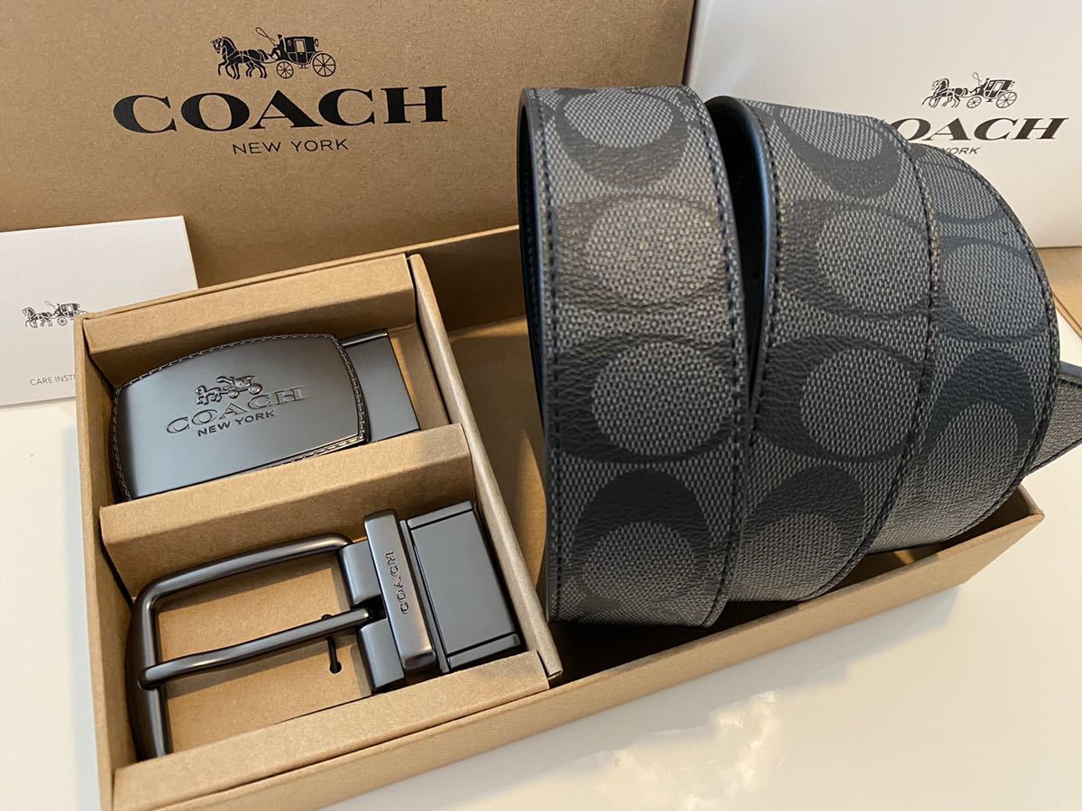 COACH リバーシブル コーチメンズ シグネチャー フリーサイズ PVC xレザー　ベルト_画像1