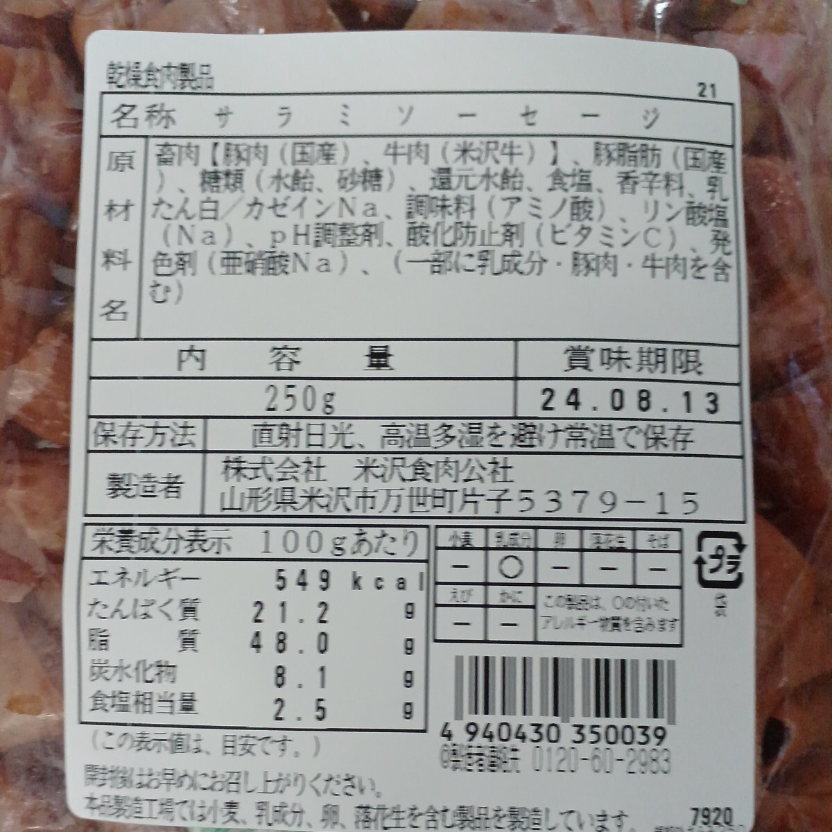 ちょっと贅沢な味わい 米沢食肉公社 米沢牛入サラミ しっぽサラミサラミ 250ｇサラミ てんこ盛り 山形の味 お取り寄せ グルメ てんこ盛り