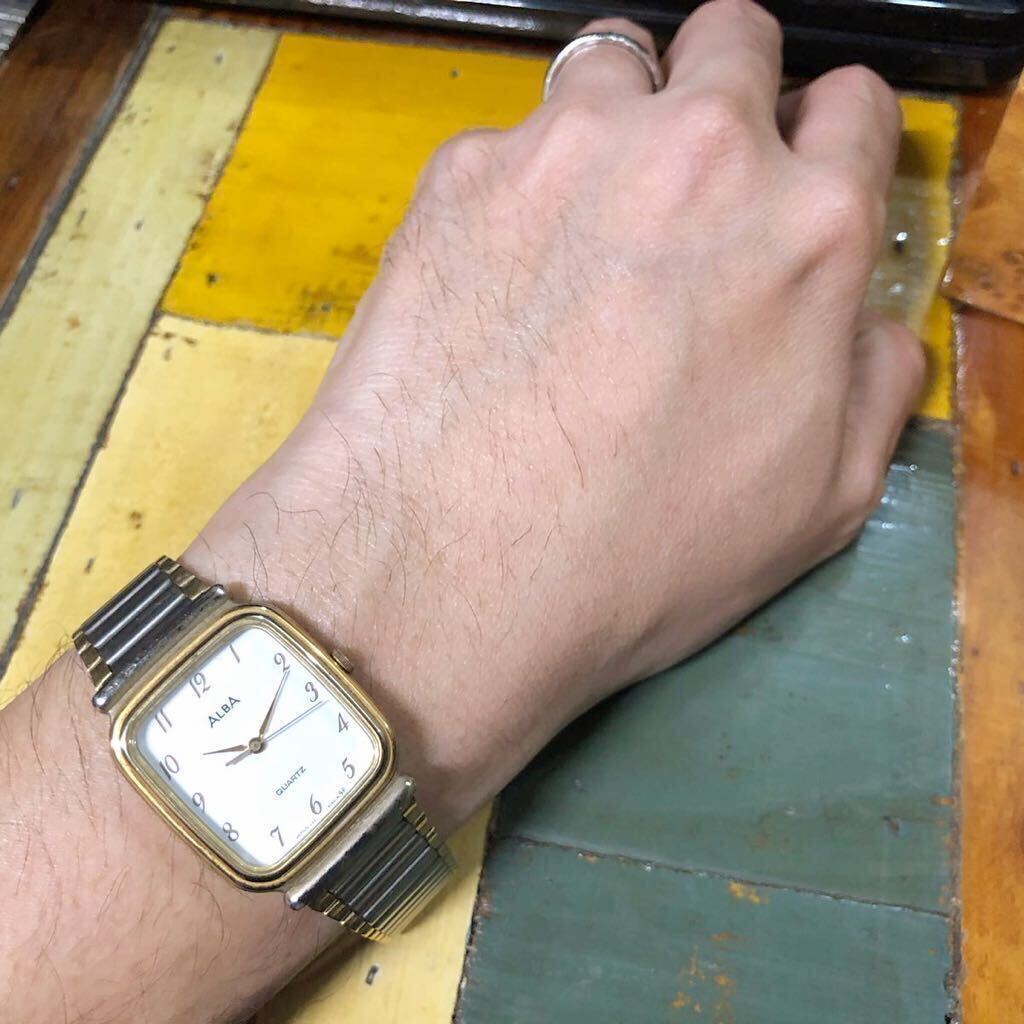 【即決/送料無料】 SEIKO ALBA V321-5120 vintage セイコーアルバ レクタンギュラー クォーツ コンビカラードレスウォッチ 中古腕時計 _画像2