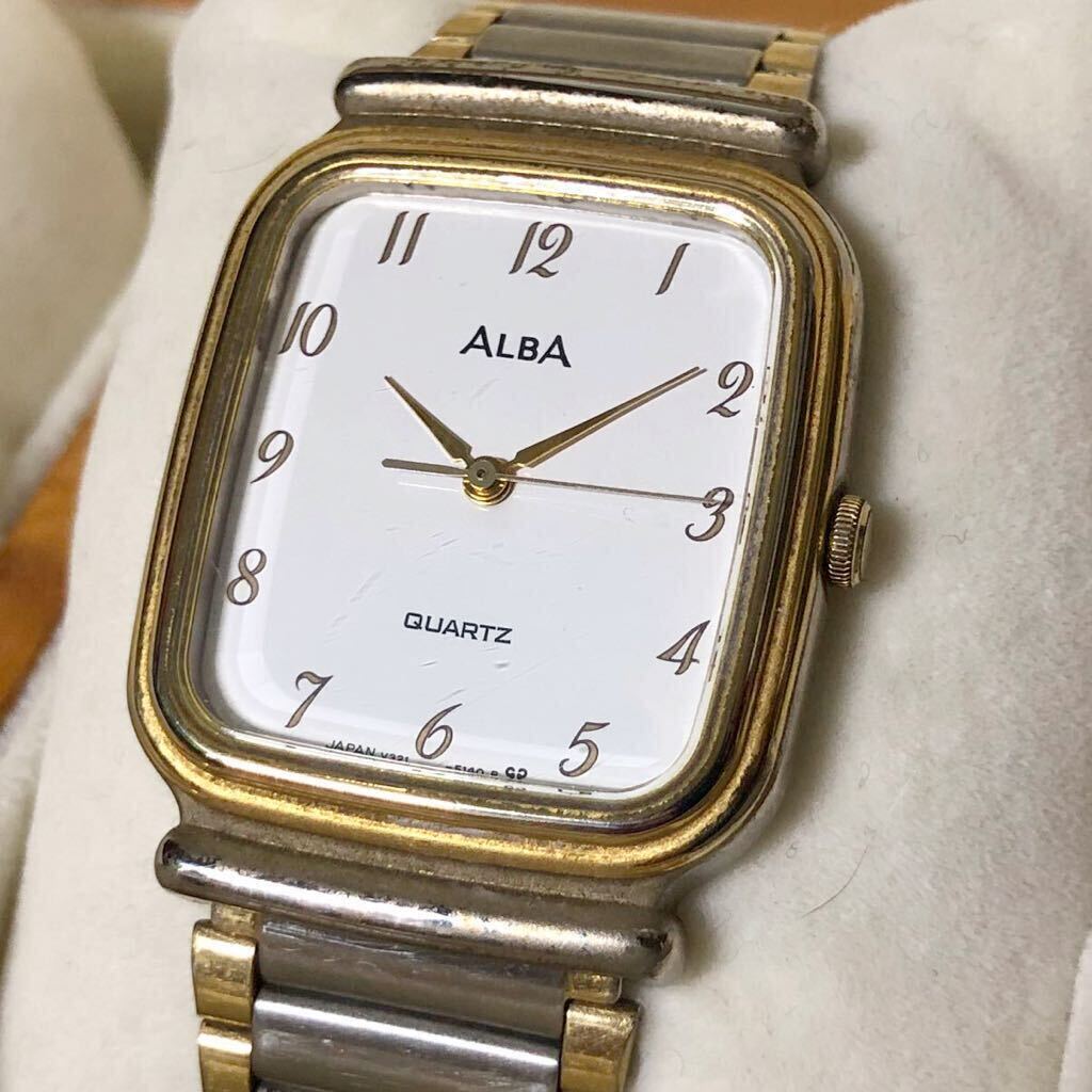 【即決/送料無料】 SEIKO ALBA V321-5120 vintage セイコーアルバ レクタンギュラー クォーツ コンビカラードレスウォッチ 中古腕時計 _画像1