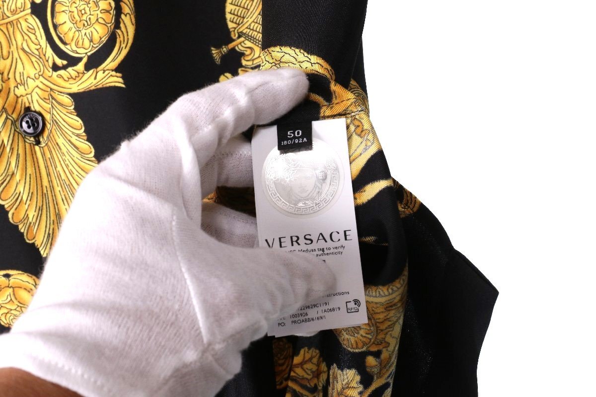  Versace men's bell search trout kelaba lock silk short sleeves shirt black size 48 VERSACE 1003926 new goods 
