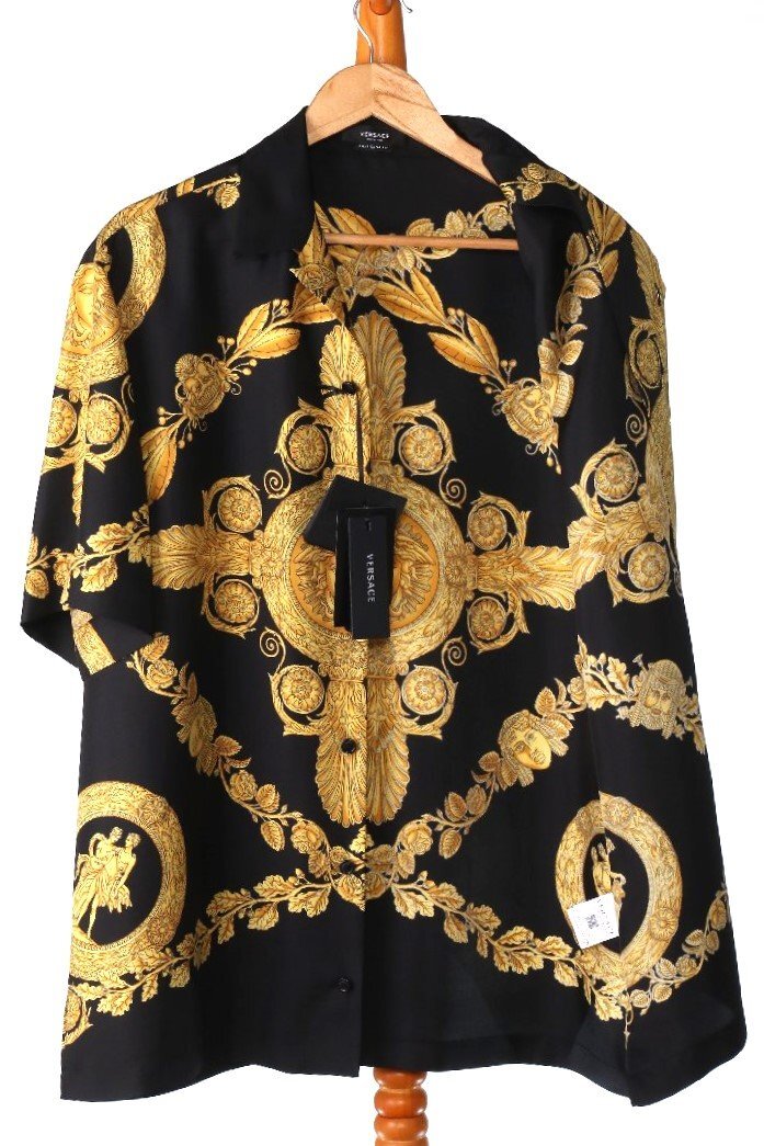  Versace men's bell search trout kelaba lock silk short sleeves shirt black size 48 VERSACE 1003926 new goods 