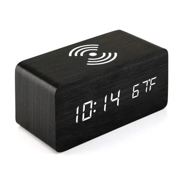 BL008:ワイヤレス充電付き木製時計 電子時計 時刻 日付 温度 ベッドサイド テーブル_カラー３
