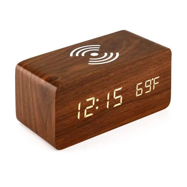 BL008:ワイヤレス充電付き木製時計 電子時計 時刻 日付 温度 ベッドサイド テーブル_カラー４