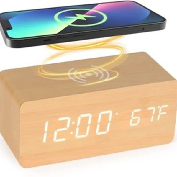 BL008:ワイヤレス充電付き木製時計 電子時計 時刻 日付 温度 ベッドサイド テーブル_画像1