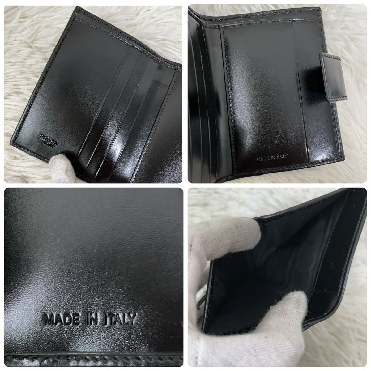 1円〜　美品　PRADA プラダ　折り財布　銀金具　ロゴ金具　フラップ　レザー　男女兼用　フラップ　希少　ブランドロゴ　付属品付き_画像8