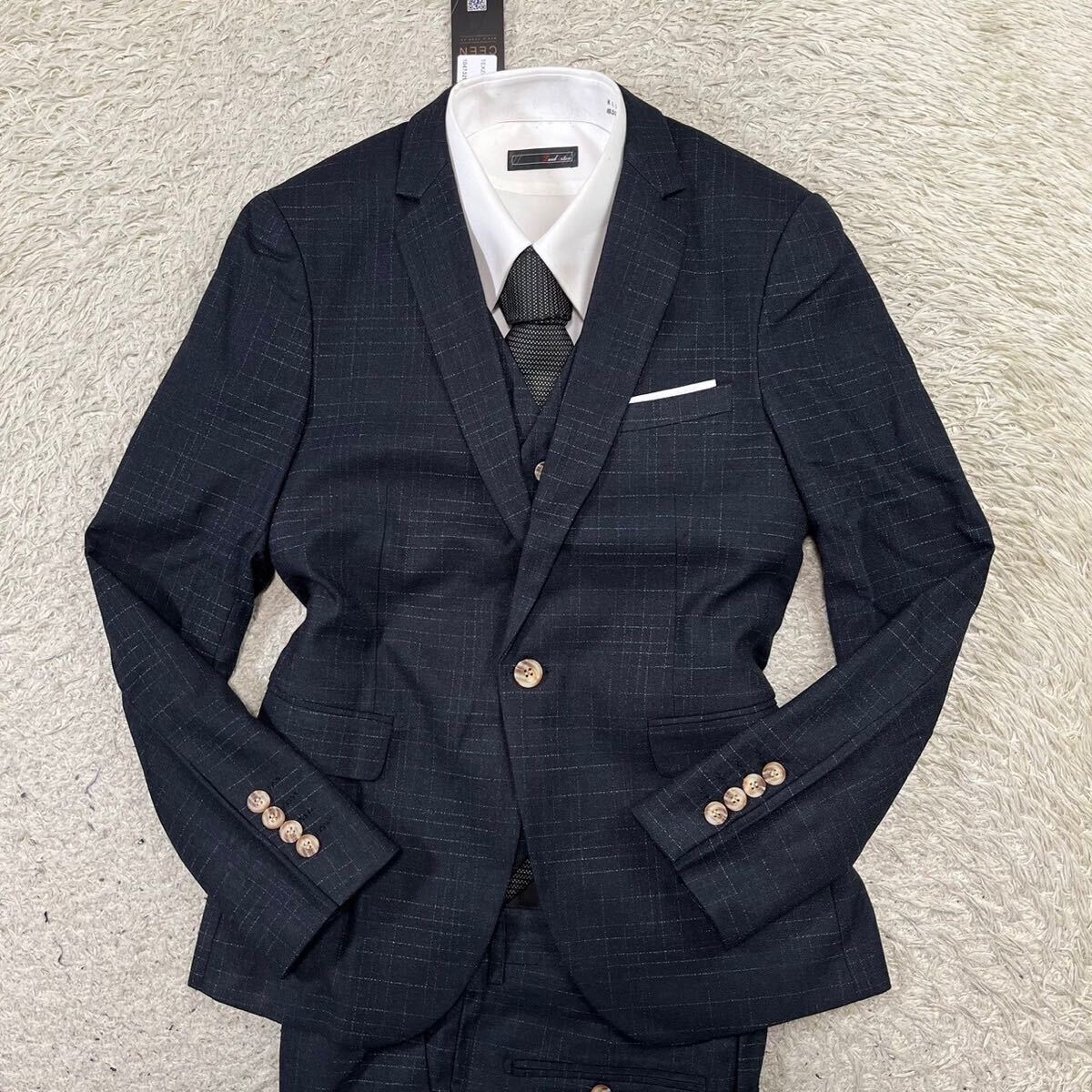 [ new goods * unused ]CEEN suit setup three-piece 3 piece tailored jacket check black gray 2XL XXL