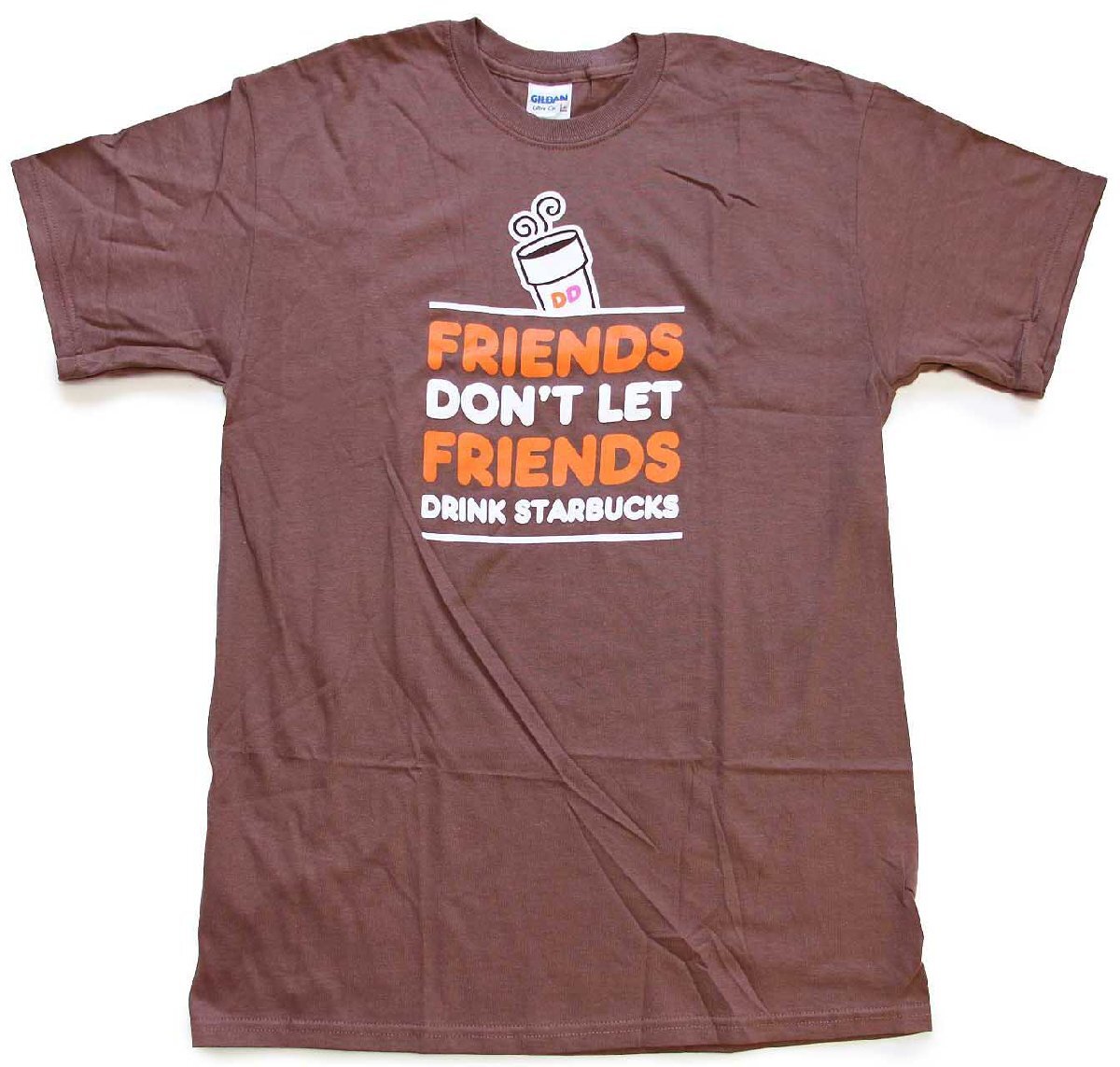 未使用★Dunkin' Donuts ダンキンドーナツ FRIENDS DON'T LET FRIENDS DRINK STARBUCKS コットンTシャツ 茶 XL★コーヒー スターバックス 3_画像3