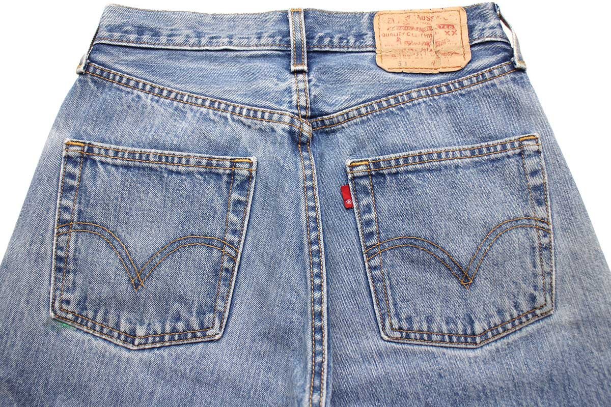 ★00s メキシコ製 Levi'sリーバイス 501 カットオフ デニムパンツ w28★SDP2685 ジーンズ ストレート サークルR 縦落ち ハート ヒゲ_画像5