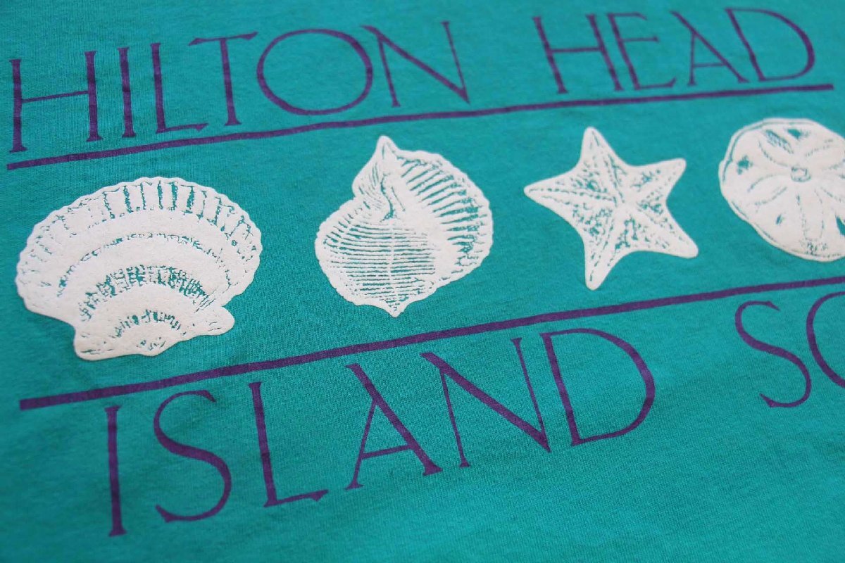 ★90s USA製 HILTON HEAD ISLAND SC 貝 ヒトデ クラゲ コットンTシャツ エメラルドグリーン XL★オールド ビンテージ オーバーサイズ_画像5