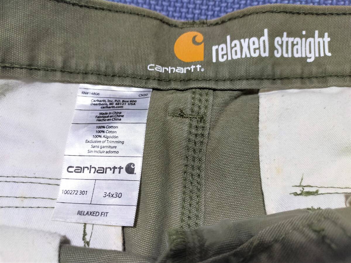 【送料無料】稀少●CARHARTT●カーハート●綺麗・美品●カーゴパンツ●ダック●34×30●モスグリーン系●ボーダー●ミリタリー●ワーク●浜_詳細表示タグ