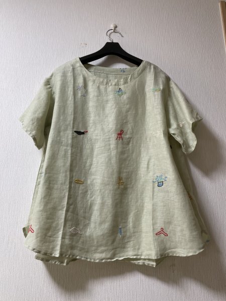 yh トップス 上品 刺柄 フリーサイズ ゆったり 高質 麻100％ リネン グリーン ナチュラル系_画像2