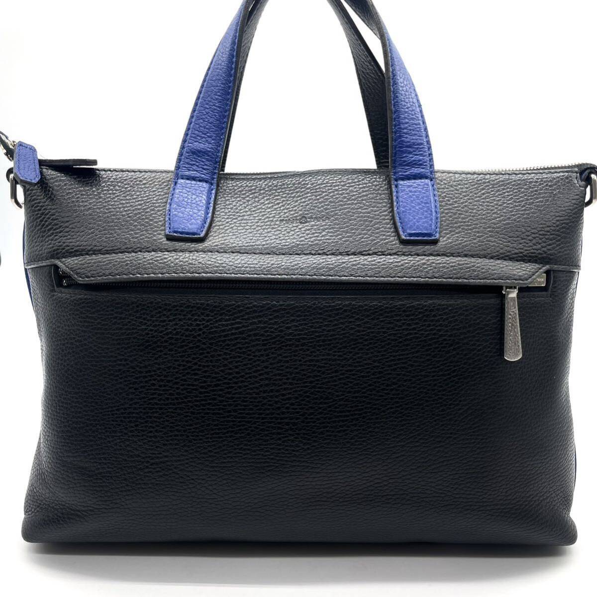  ultimate beautiful goods /A4 storage * Fujita kaFUJITAKA men's 2way business bag briefcase shoulder Logo type pushed . blue × black leather rare color *