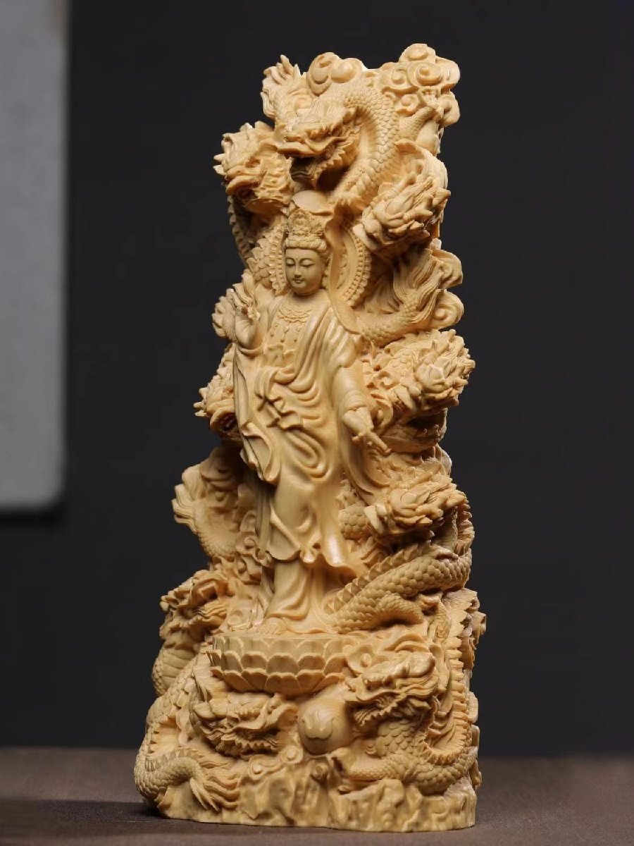木彫仏像 仏教美術 精密細工 九龍観音像 木彫り　桧木製 観音菩薩像　仏像　置物 高さ18cm_画像2