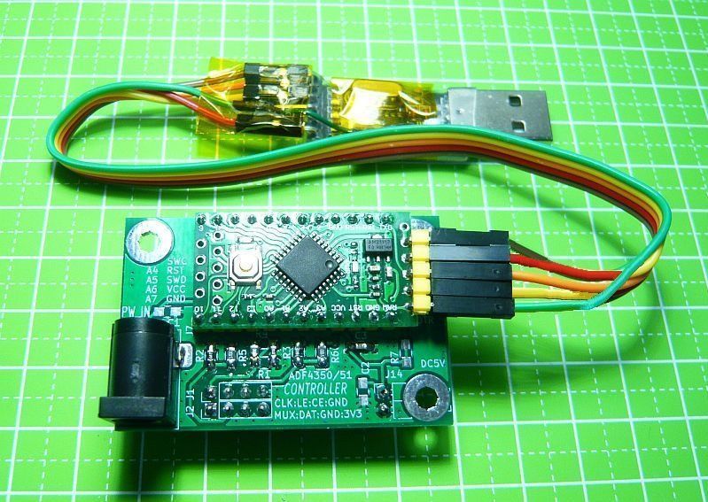 CMG780_ADF4350　プリセット周波数 発振モジュール [ SG ＋ 制御用 マイコンモジュール ]_USB-書き込み器ケーブル接続例です。