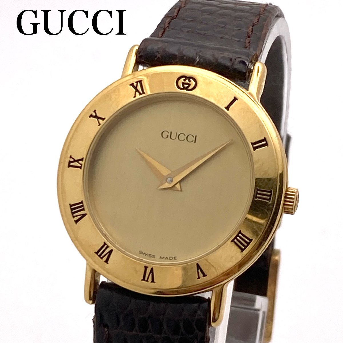 GUCCI グッチ 3000.2L ゴールドカラー文字盤 純正尾錠 クォーツ レディース腕時計 ジャンク 4-145-D_画像1