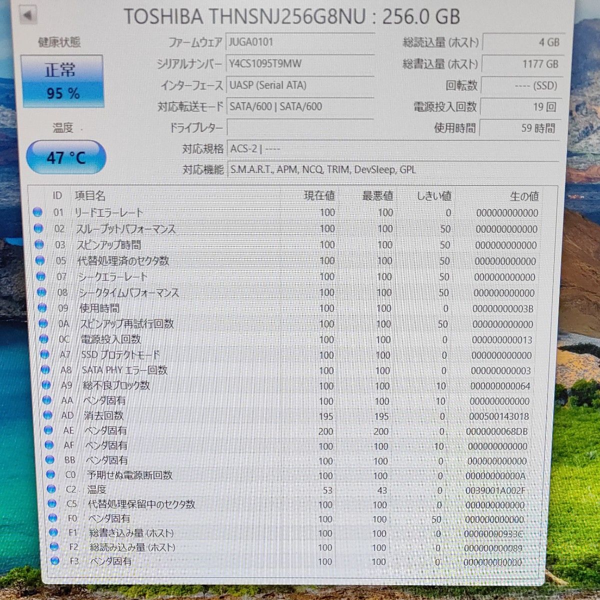 東芝製M.2SSD　256Gb 使用59時間　高耐久MLC