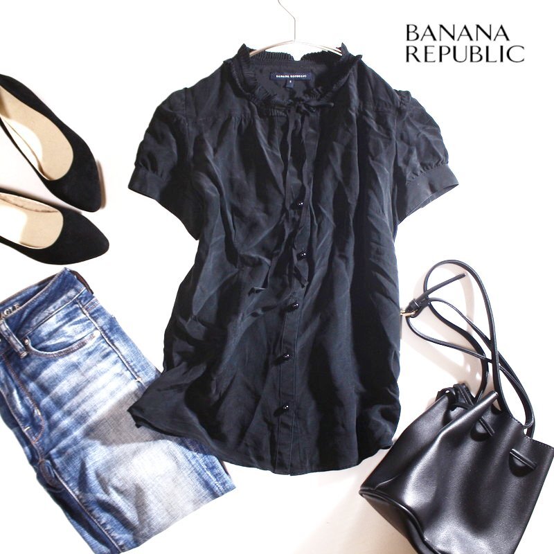 美品 バナナリパブリック Banana Republic 夏 絹100% とろみ シルクシフォン ブラウス 半袖シャツ デザイン ブラック 黒 S お洒落_画像1