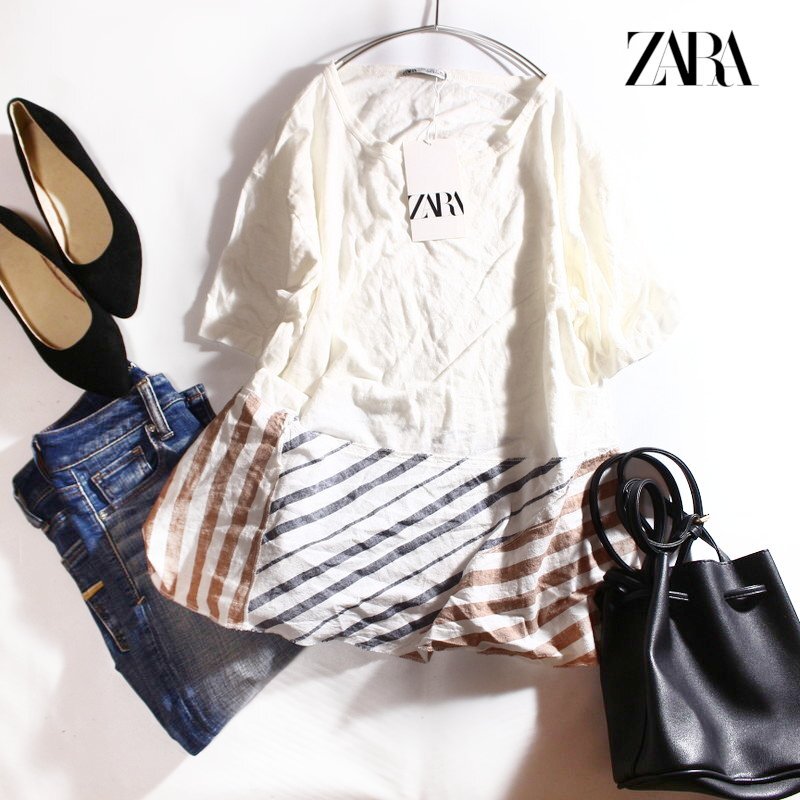 新品 未使用 ZARA ザラ 夏 ゆったり シンプル ナチュラル 2種生地 切替 半袖 ロングカットソー Tシャツ S ホワイト 白 ネイビー ストライプ_画像1