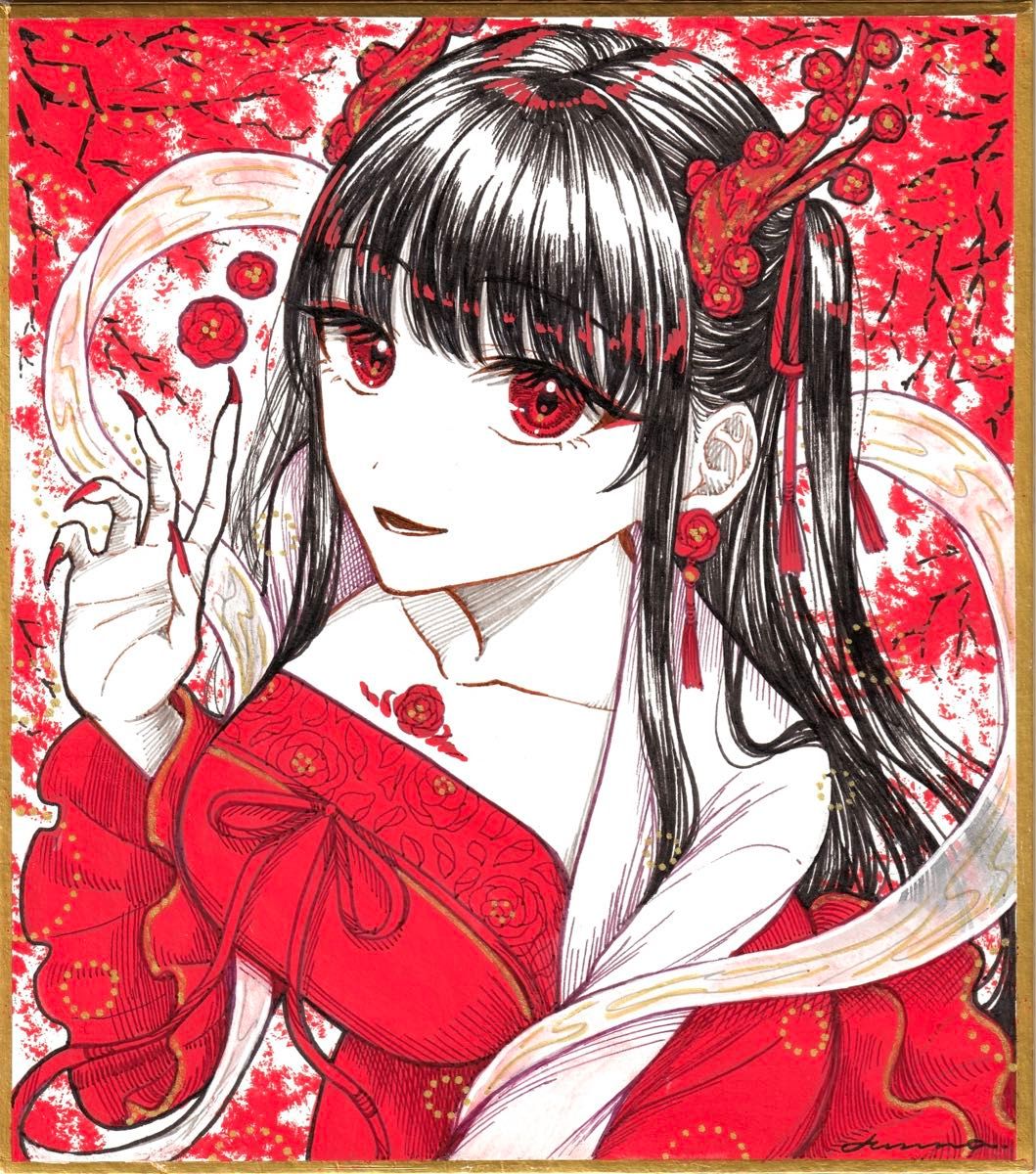 手描きイラスト オリジナル 創作 色紙 寸松庵 旧正月 赤 朱 春節 手描きイラスト オリジナル 創作 色紙 寸松庵 旧正月 赤 朱 春節