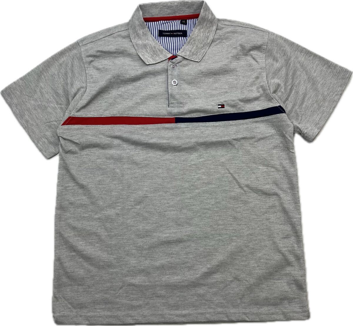 TOMMY HILFIGER ☆ Tシャツ生地◎ デザインライン ポロシャツ 半袖 グレー M 春夏 アメカジ ストリート 古着 トミーヒルフィガー■BK161_画像2