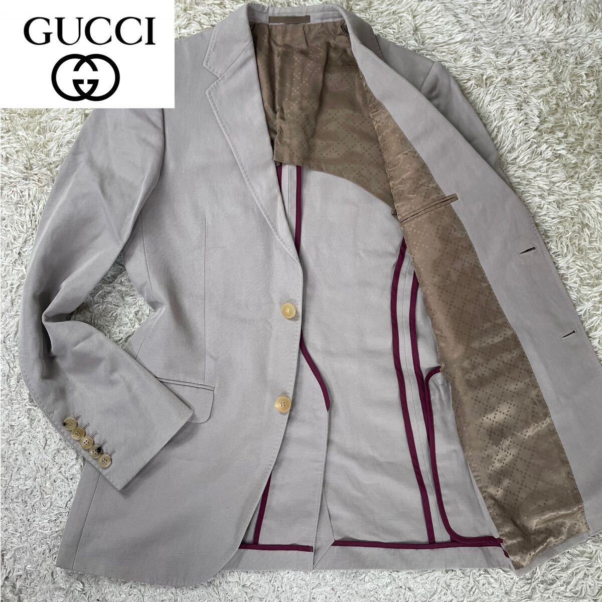 1 jpy ~ [ ultimate beautiful goods! pressure volume. gentleman feeling!] Gucci GUCCI men's business tailored jacket linen. pattern 44R Gold cotton M~L corresponding 