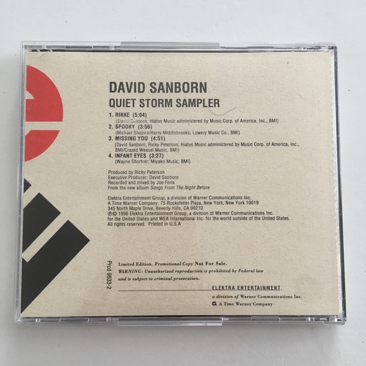 送料無料 評価1000達成記念 ジャズ・プロモCD David Sanborn “Quiet Storm Sampler” 1CD Elektra アメリカ・プロモ盤_画像3