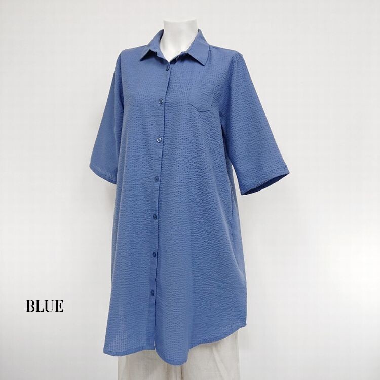【新品、未使用】さわやかリップル素材五分袖シャツチュニック ブルーLLサイズ