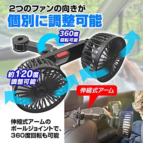 MAXWIN(マックスウィン) 車載扇風機 ヘッドレスト ファン ツインファン USB サーキュレーター 後部座席 360° 角度調整 風量調整_画像4