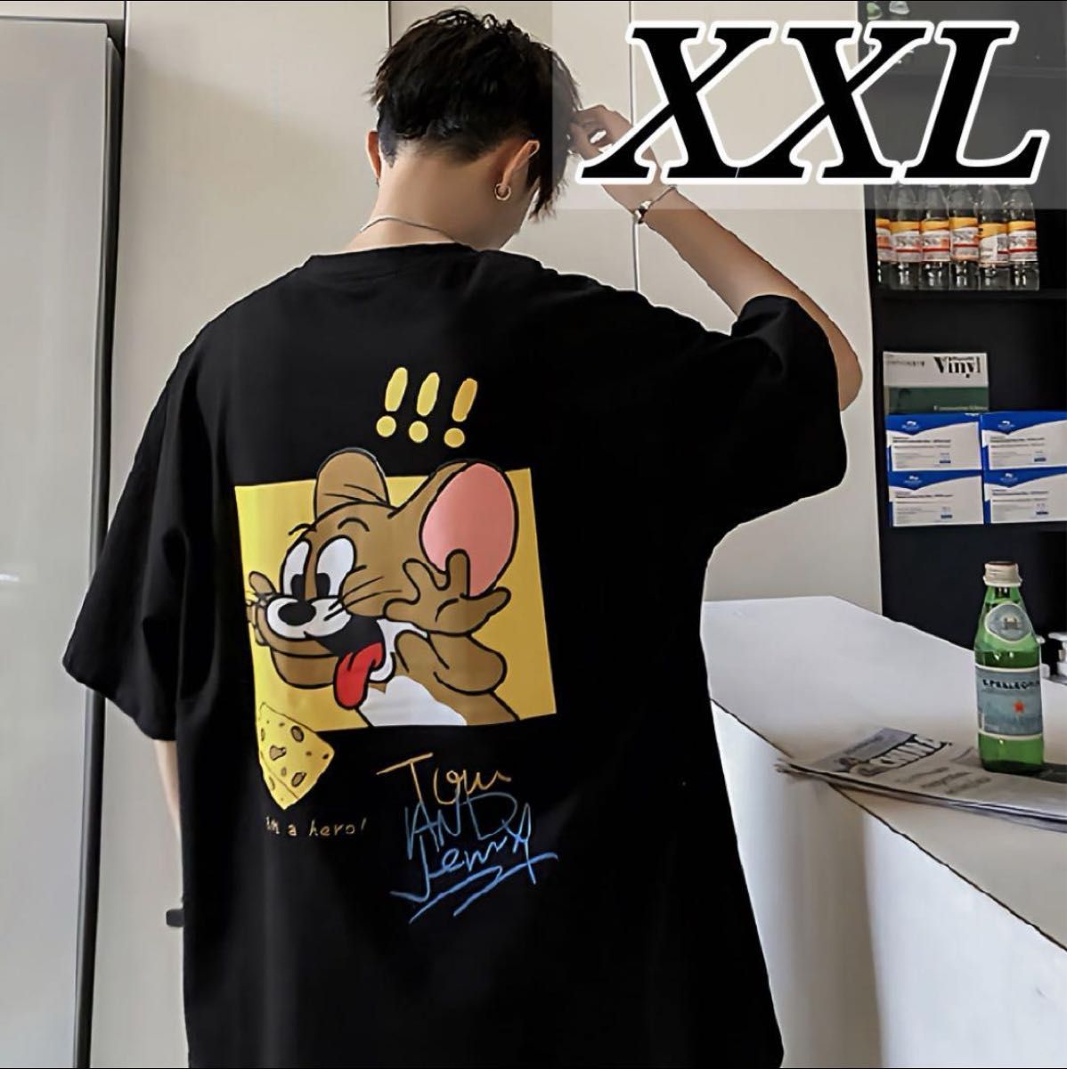 Tシャツ 半袖 トムとジェリー 2XL ブラック アメコミ 人気 グラフィック ユニセックス バックプリント ストリート 韓国系