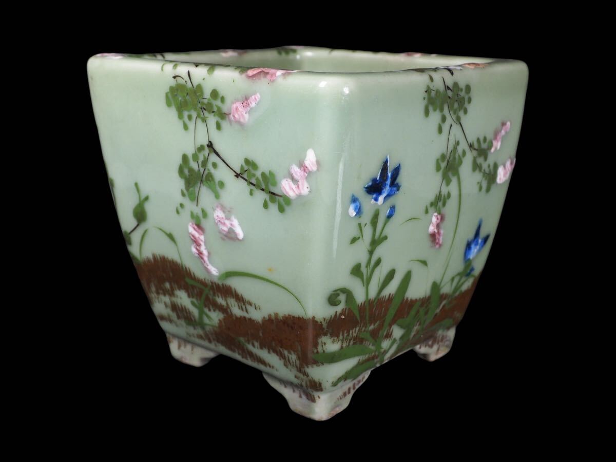  Meiji era rare Owari Seto celadon overglaze enamels chamfer . flower . plant pot * orchid pot valuable bonsai art * genuine article guarantee 