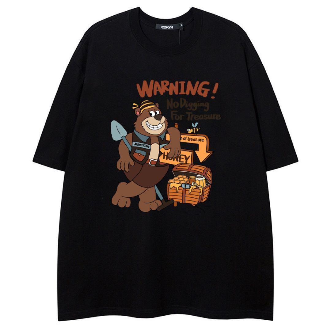 XXL メンズ オーバーサイズ Tシャツ くまWARNING カジュアル 黒