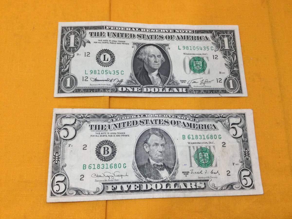 アメリカ　旧ドル札　6ドル分(1ドル札、5ドル札)旧紙幣　ワシントン　1974年　リンカーン　1988年　アンティーク　コレクション_画像1