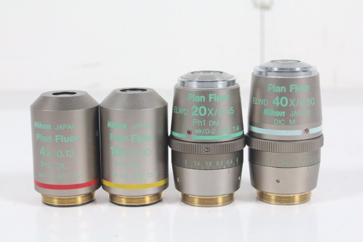 Nikon Plan Fluor microscope for against thing lens 4 pcs set 4X/0.13 PhL DL 10X/0.30 Ph1 DL ELWD 20X/0.45 DIC L ELWD 40X/0.60 DIC M [ present condition goods ]