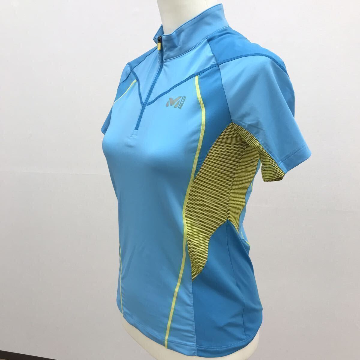 【MILLET】ミレー　ハーフジップ 半袖シャツ（Sサイズ相当）水色×黄色　デザイン柄　登山　スポーツ　スポーツウェア　軽量　速乾性　_画像3