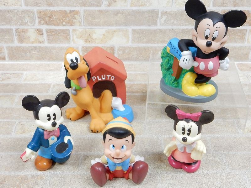 Disney ディズニー ミッキーマウス/ミニーマウス/ピノキオ/プルート ソフビ 貯金箱/コインバンク 5点セット 【7877y1】_画像1