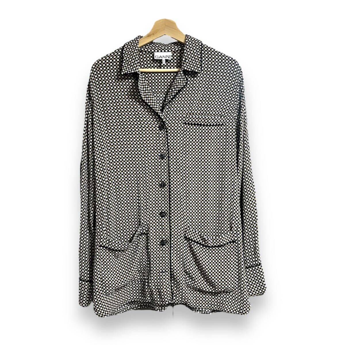 GANNI ガニー パジャマシャツ pajama shirt open collar オープンカラー チェック 格子柄 レディース パイピング_画像1