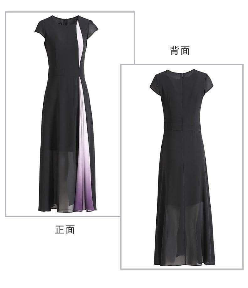 高品質　エレガント シフォン ワンピースドレス M 新品未使用 ブラック　紫　結婚式　 お呼ばれ着痩せ 二次会 ロング きれいめ
