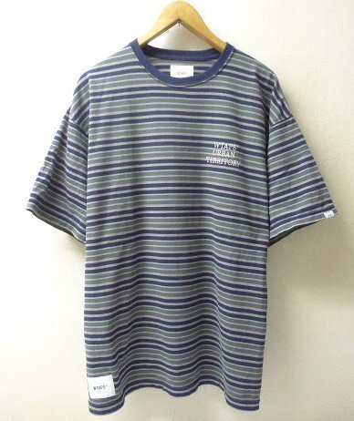 ◆WTAPS ダブルタップス XL 美品 23SS BDY 01/SS/COTTON.TEXTILE.WUT 231ATDT-CSM27 ロゴ刺繍 ボーダー Tシャツ ネイビーグレー_画像1