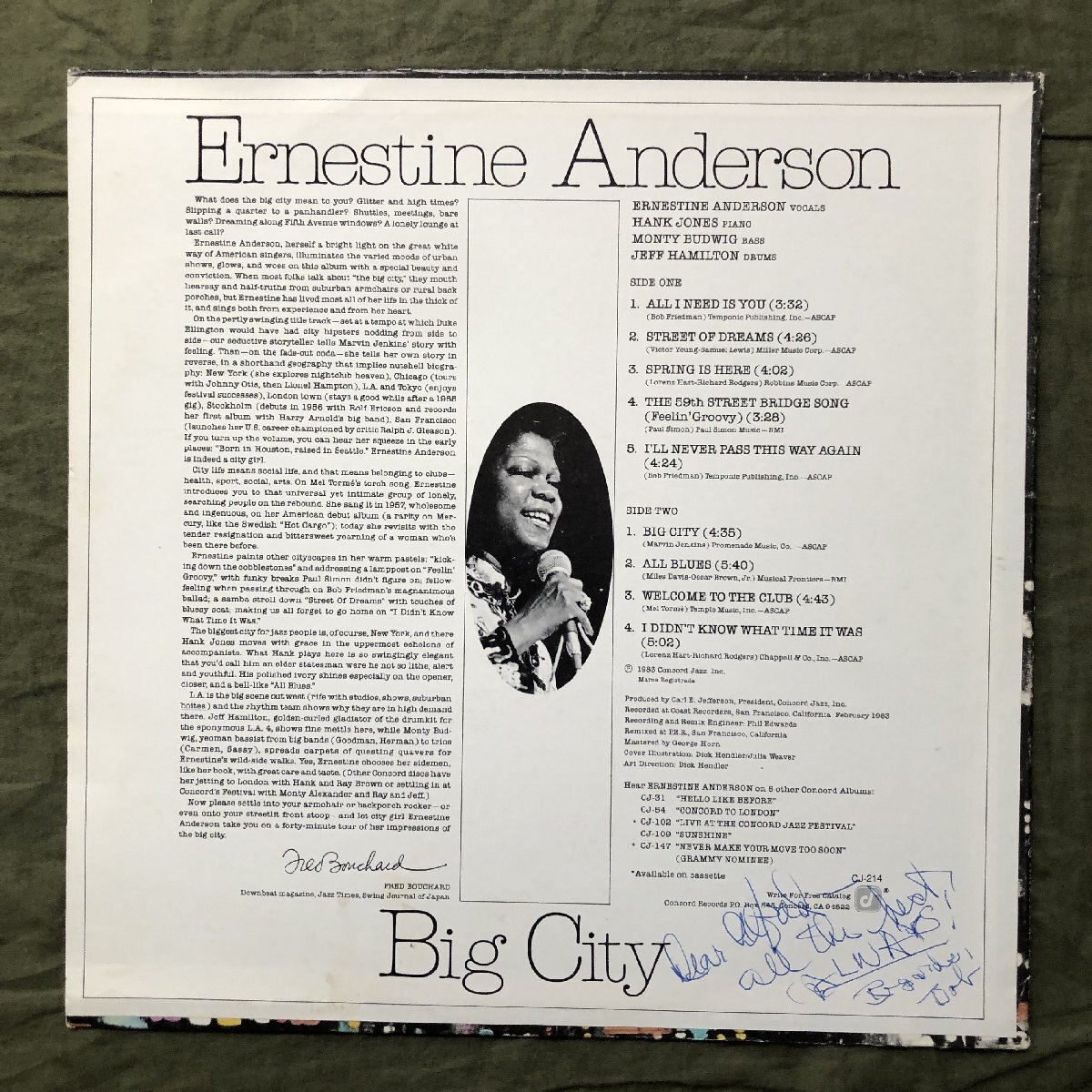 良盤 1983年 米国 本国オリジナルリリース盤 アーネスティン・アンダーソン Ernestine Anderson LPレコード Big City: ジャズ Hank Jones_画像2