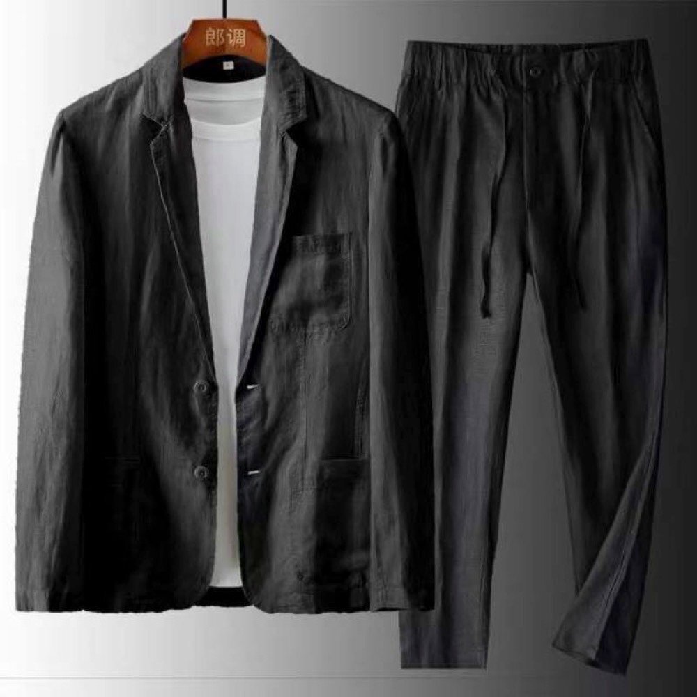 メンズ スーツセット セットアップ テーラードジャケット テーパードパンツ 上下2点セット 綿麻風 スラックス フォーマル ブラック　3XL_画像1