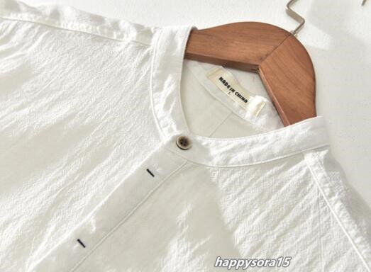 リネンシャツ メンズ カジュアルシャツ 半袖 プルオーバー ヘンリーネック 立ち襟 シンプル 夏服 トップス　ホワイト　L_画像4